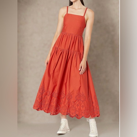 NWT Moon River Tiered Shirred Back Tie Cut-Out Eyelet Midi Dress Brick Size L - Picture 2 of 12